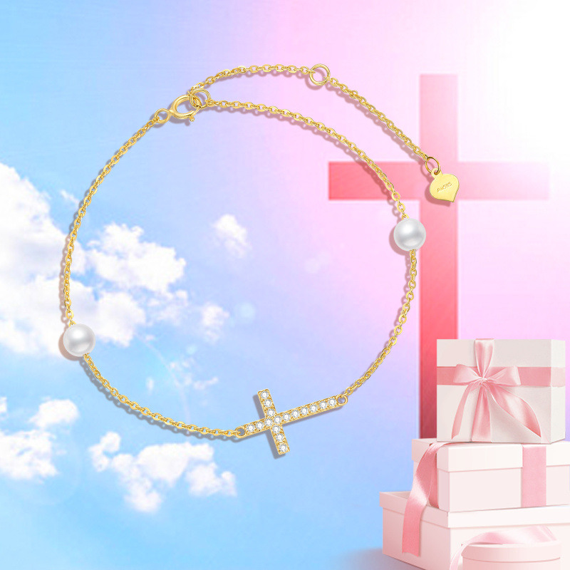Armband aus 10-karätigem Gold mit Diamanten und Perlen in Kreuzform-3
