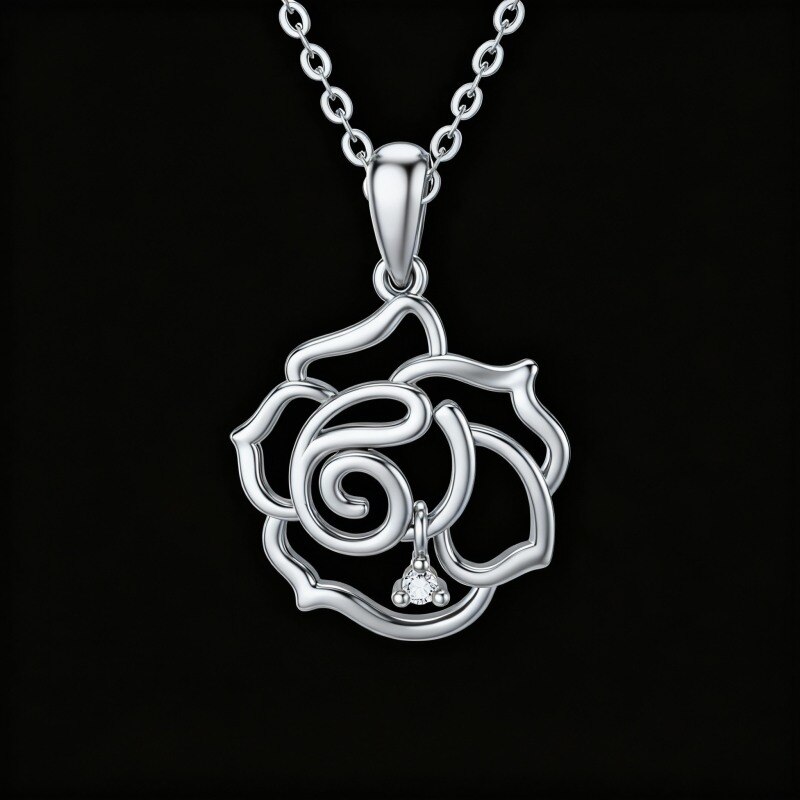 18K White Gold Diamond Rose Pendant Necklace-1