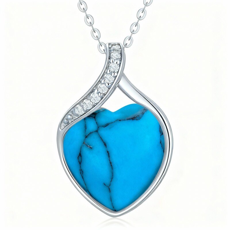 10K White Gold Diamond & Turquoise Heart Pendant Necklace-6