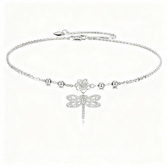 Bracelet de cheville à breloque simple en or blanc 9 carats avec libellule et fleurs sauvages