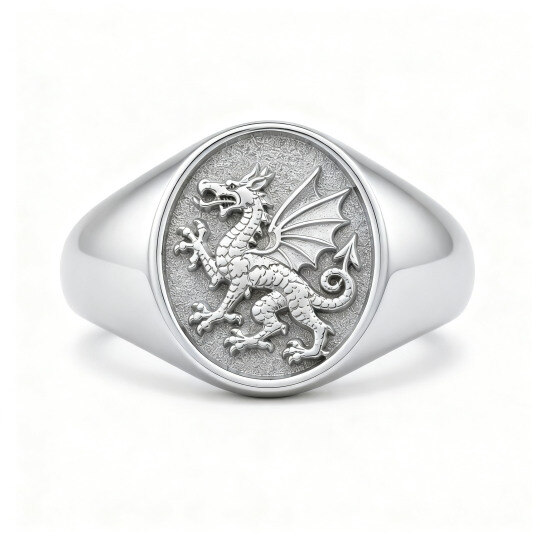 18K White Gold Dragon Signet Ring for Men