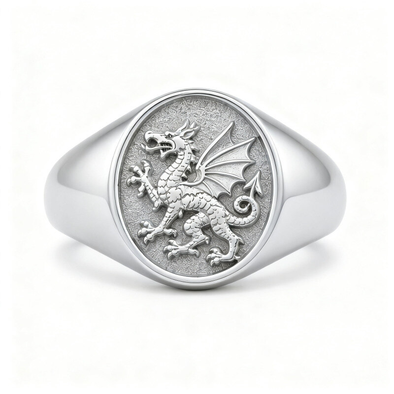 Anillo de sello de dragón de platino con baño de oro blanco para hombre-1