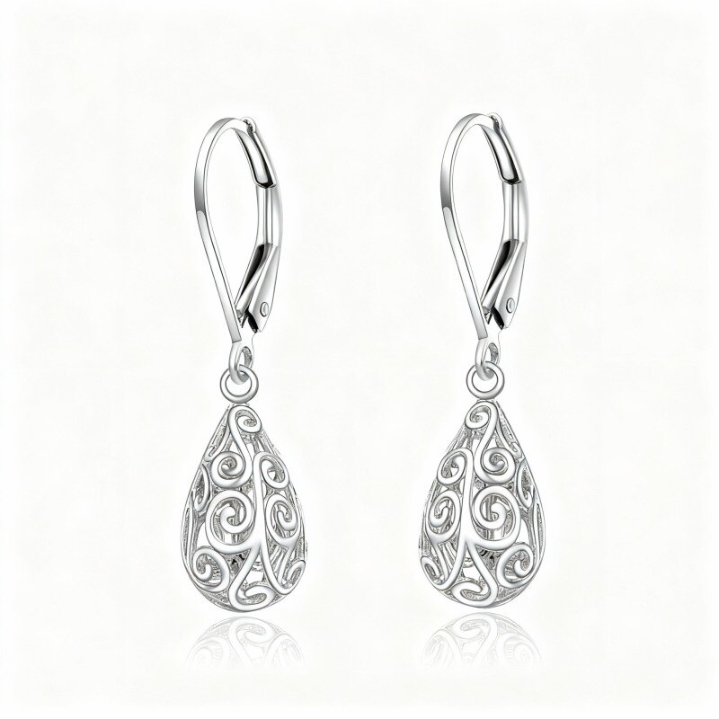 Pendientes colgantes de oro blanco de 10 quilates con forma de gota y filigrana-1