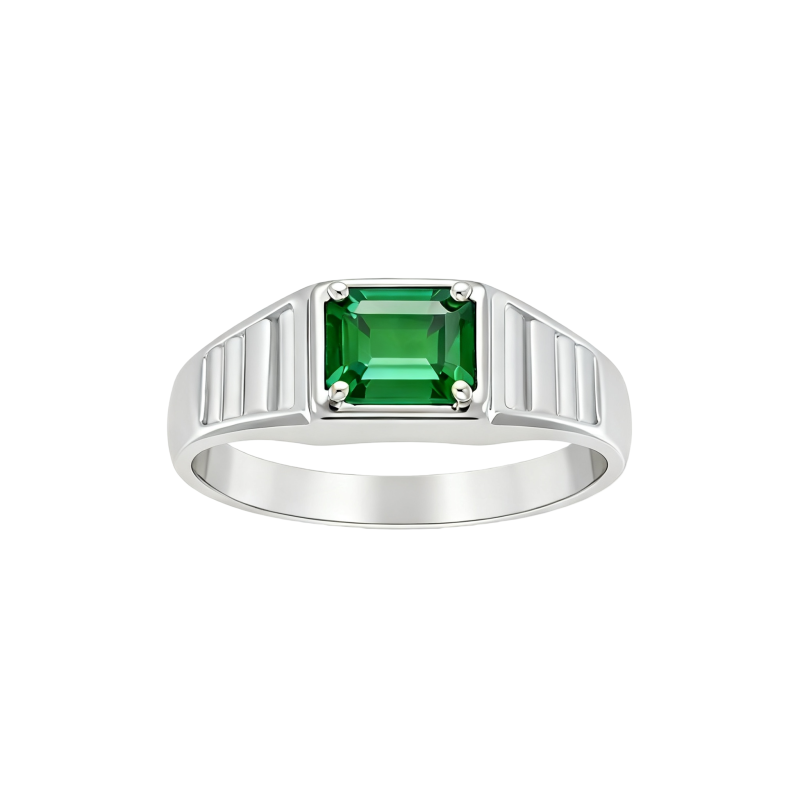Anillo de oro blanco de 10 quilates con esmeralda artificial talla esmeralda para hombre.-4