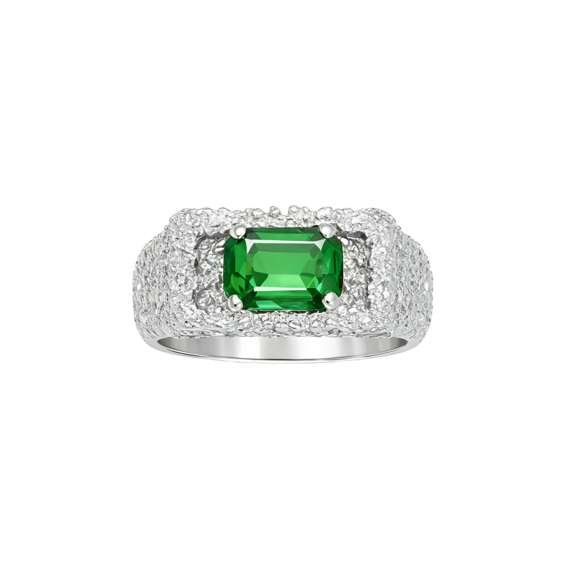 Anel para homem em ouro branco 10K com esmeralda artificial lapidada em esmeralda.-17