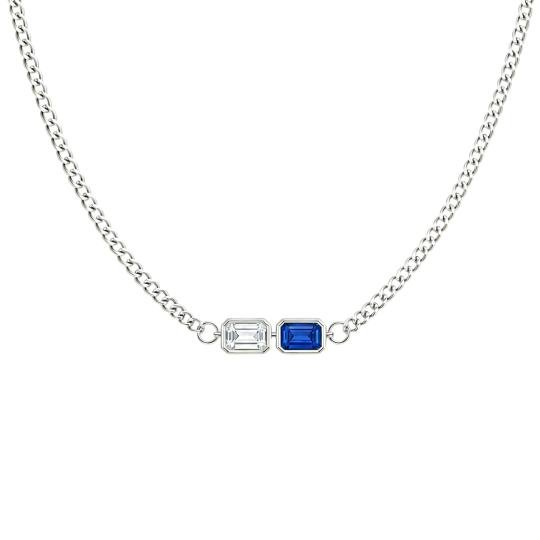 Collana con ciondolo personalizzato da uomo in oro bianco 10 carati con zirconi cubici taglio smeraldo e pietra portafortuna.