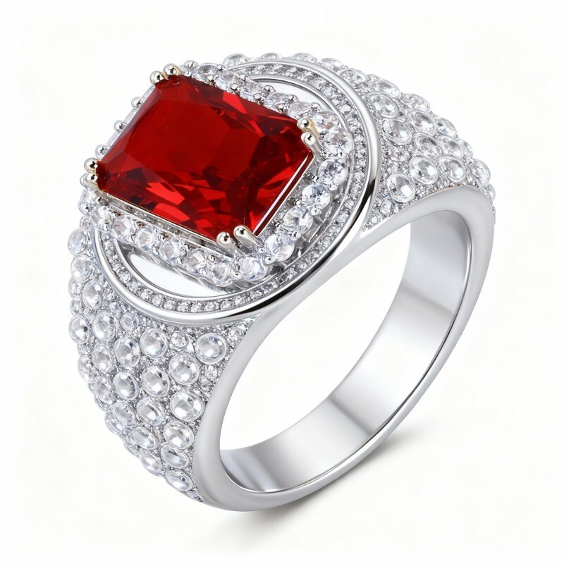 Anillo personalizado para hombre en oro blanco de 9 quilates con corte esmeralda.-6