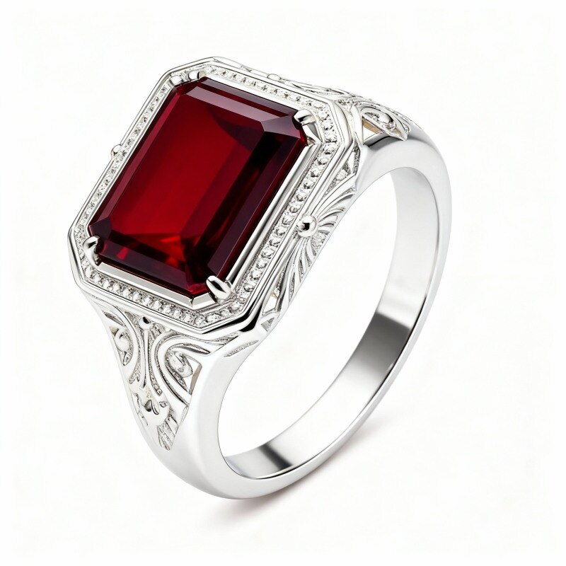 Anillo personalizado para hombre en oro blanco de 10 quilates con corte esmeralda.-20