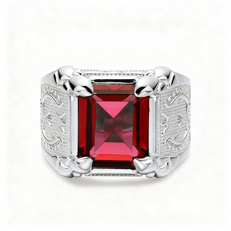 Anillo personalizado para hombre en oro blanco de 10 quilates con corte esmeralda.-10