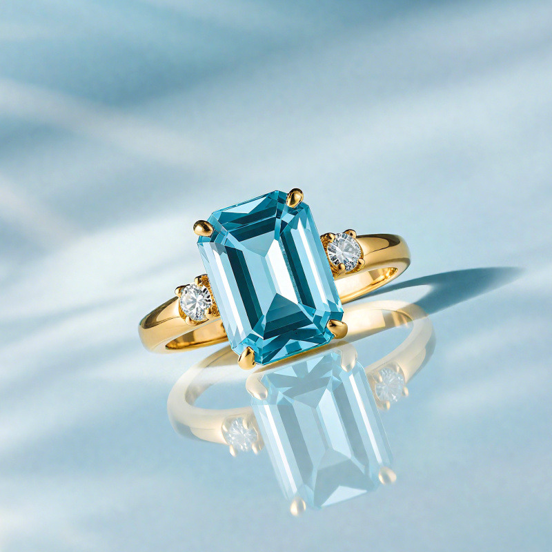 14K White Gold Emerald Cut Topaz Three-Stone Engagement Ring-3