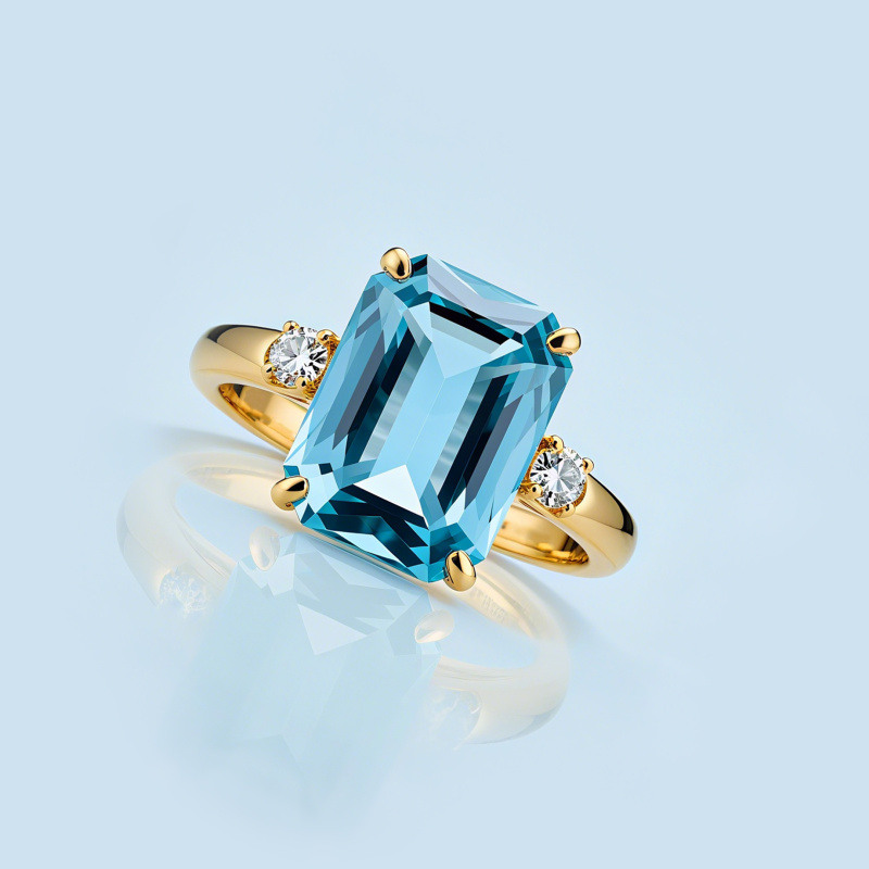 14K White Gold Emerald Cut Topaz Three-Stone Engagement Ring-4