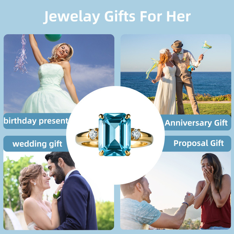 14K White Gold Emerald Cut Topaz Three-Stone Engagement Ring-5
