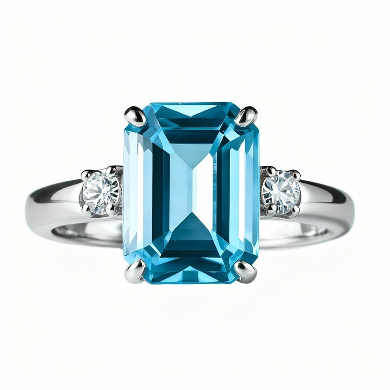 Bague de fiançailles en or blanc 10 carats avec taille émeraude-3