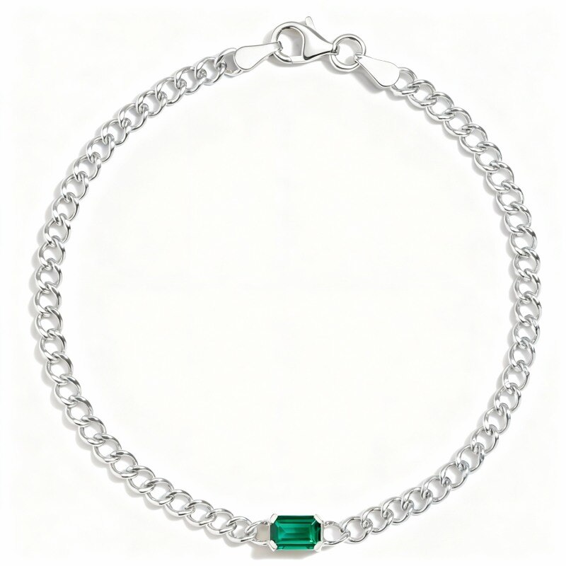 18K White Gold Emerald Cut Lab Created Emerald Couple Curb Chain Bracelet-1
