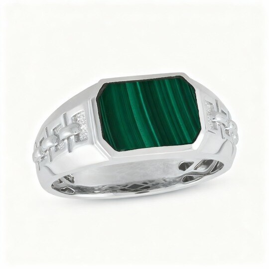 Anillo de boda para hombre en oro blanco de 10 quilates con malaquita talla esmeralda.