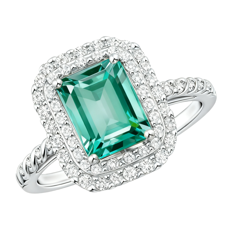 10K White Gold Emerald Cut Moissanite & Artificial Emerald Engagement Ring-11