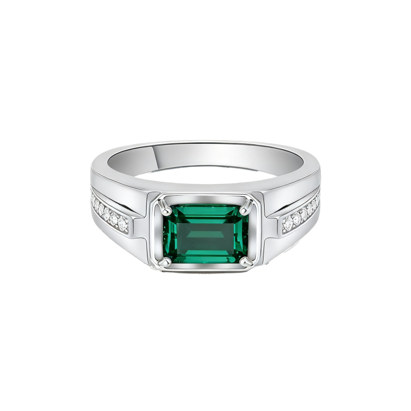 Anillo de oro blanco de 10 quilates con moissanita talla esmeralda y esmeralda artificial para hombre.-13