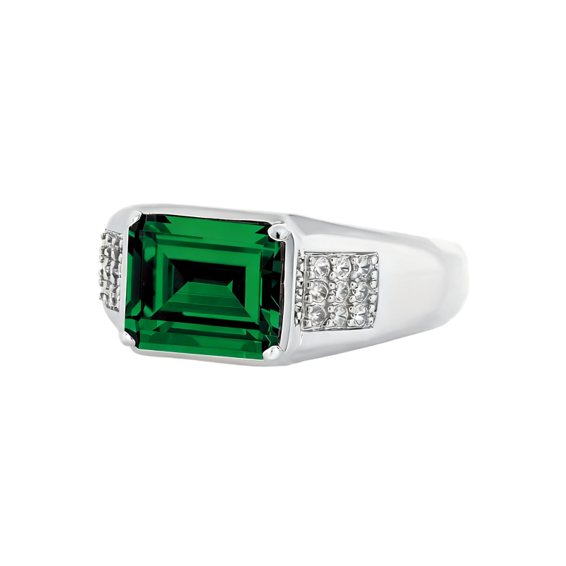 Anillo de oro blanco de 10 quilates con moissanita talla esmeralda y esmeralda artificial para hombre.-16