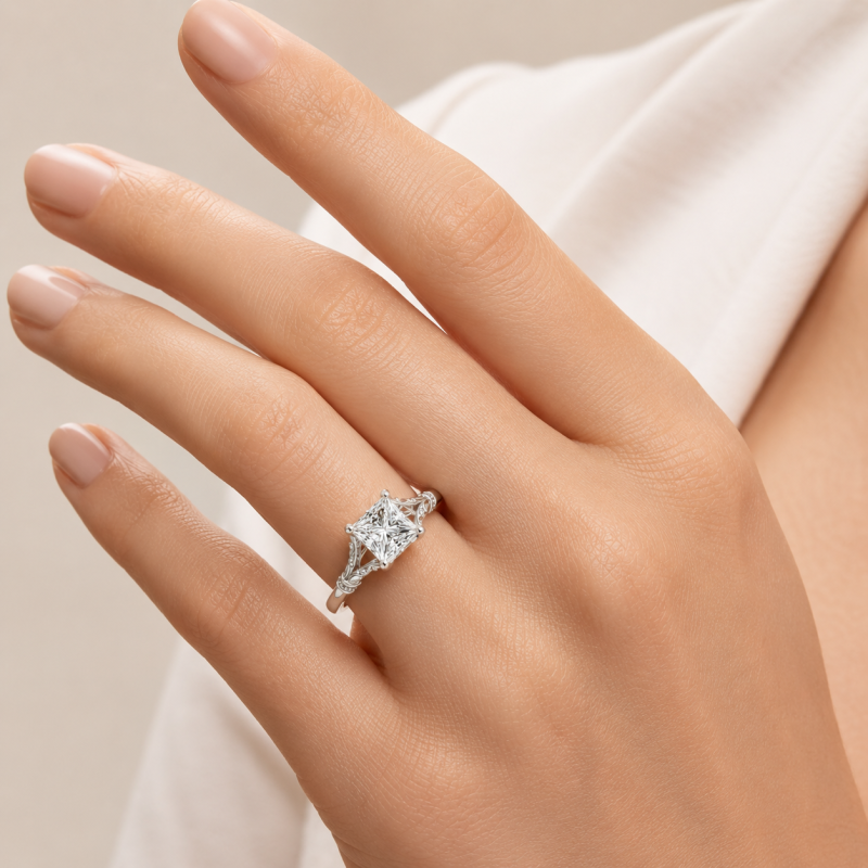 Platinum with White Gold Plated Emerald Cut Moissanite Engagement Ring-2