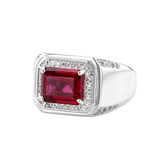 Anillo de oro blanco de 10 quilates con moissanita talla esmeralda y rubí para hombre.