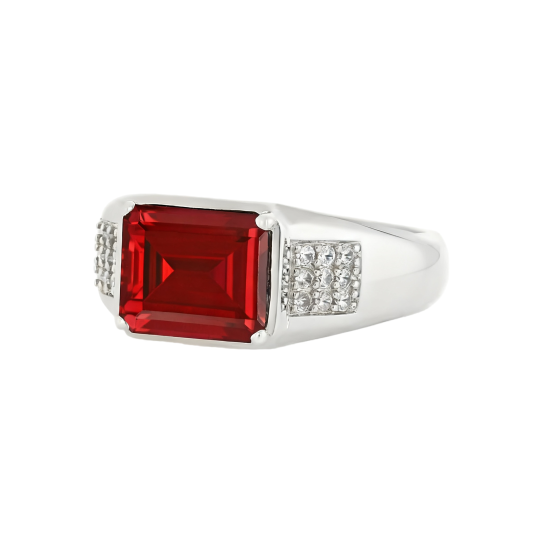 Anillo de oro blanco de 10 quilates con moissanita talla esmeralda y rubí para hombre.