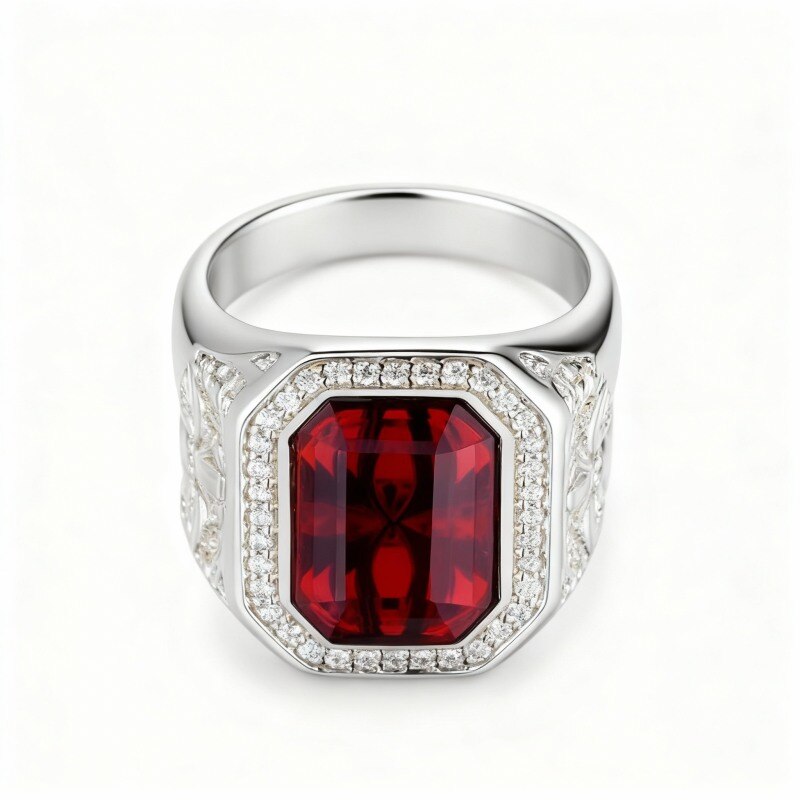 Anillo de oro blanco de 10 quilates con corte esmeralda para hombre-13