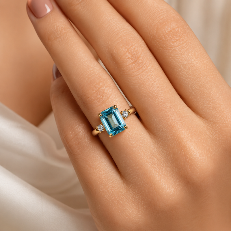 14K White Gold Emerald Cut Topaz Three-Stone Engagement Ring-2