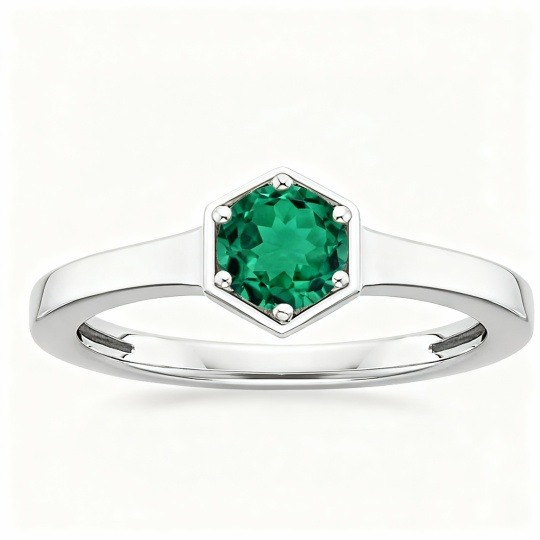 9K White Gold Emerald Personalized Engraving & Couple Wedding Ring