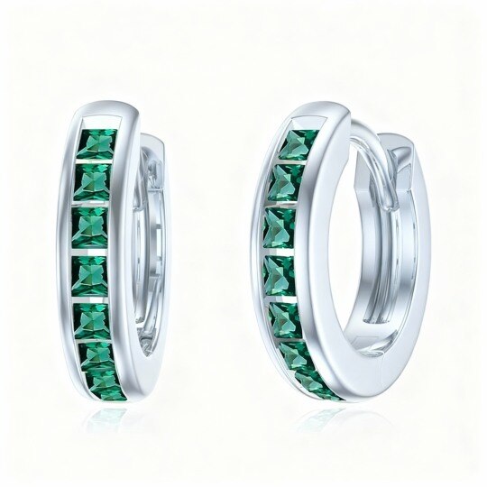 10K White Gold Emerald Round Hoop Earrings