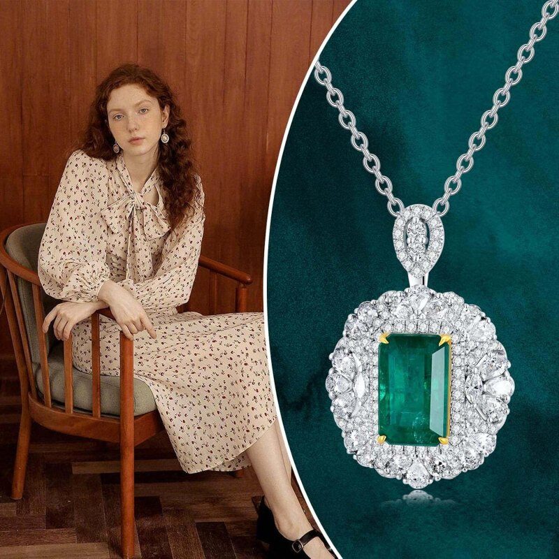 Collier en or blanc 10 carats avec émeraude ronde pour femme-5