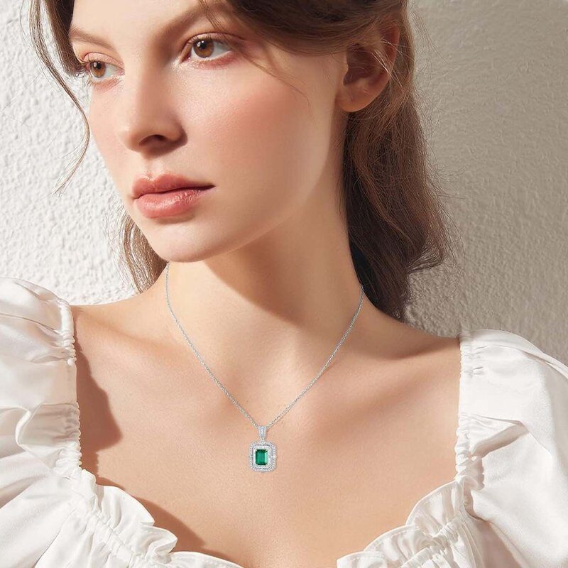Collar de cadena rolo cuadrada con esmeralda en oro blanco de 10 quilates para mujer-2