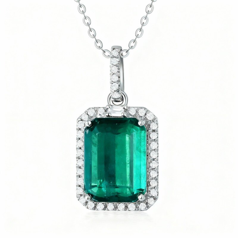 10K White Gold Emerald Square Pendant Necklace-5