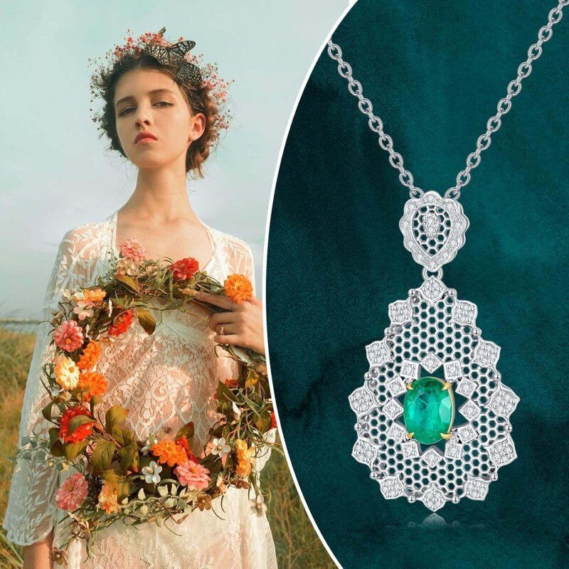 Collier carré en or blanc 10 carats avec émeraude, cadeau de fiançailles ou de mariage pour elle-6
