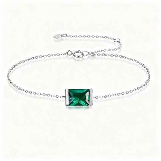 10K White Gold Emerald Square Single Layer Charm Anklet