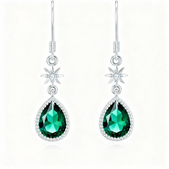 10K White Gold Emerald Star Drop Earrings