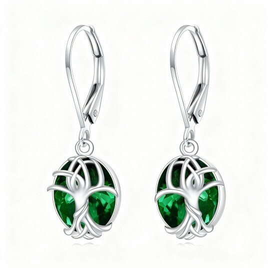 14K White Gold Emerald Tree Of Life Drop Earrings