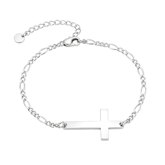 Pulsera de oro blanco de 18 quilates grabable con dije de cruz para hombre