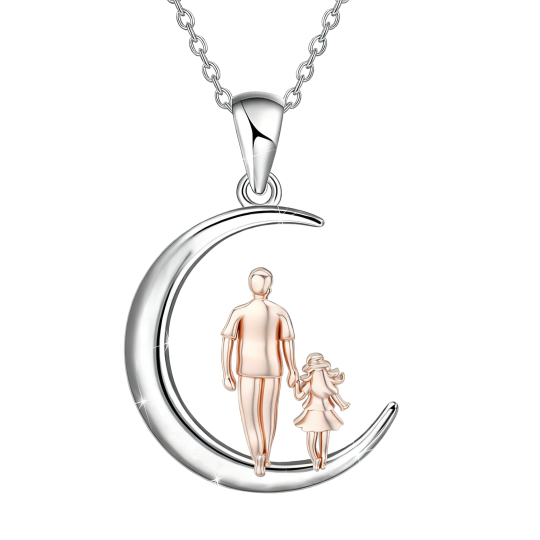 Collana con ciondolo Padre, Figlia e Luna in oro bianco 10 carati con scritta incisa