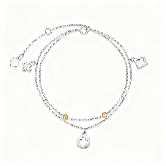 Pulsera de oro blanco de 10 quilates con dije de trébol de cuatro hojas, cuenta y cruz