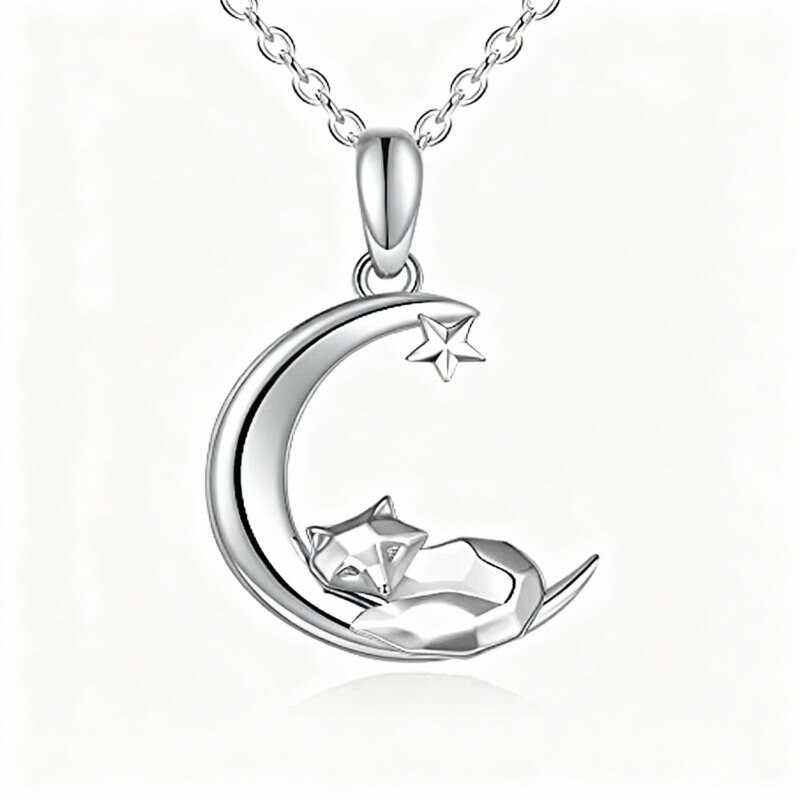 10K White Gold Fox & Moon & Star Pendant Necklace-13