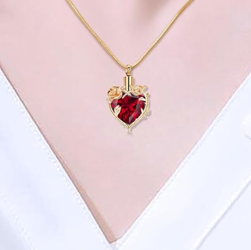 Collier urne funéraire personnalisée en or 18 carats avec pierre de naissance et fleur, orné d'une pierre précieuse, pour cendres-2