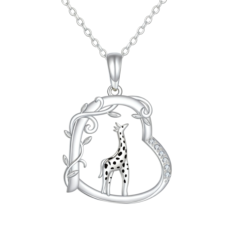 Collar con colgante de jirafa y corazón en oro blanco de 10 quilates-1