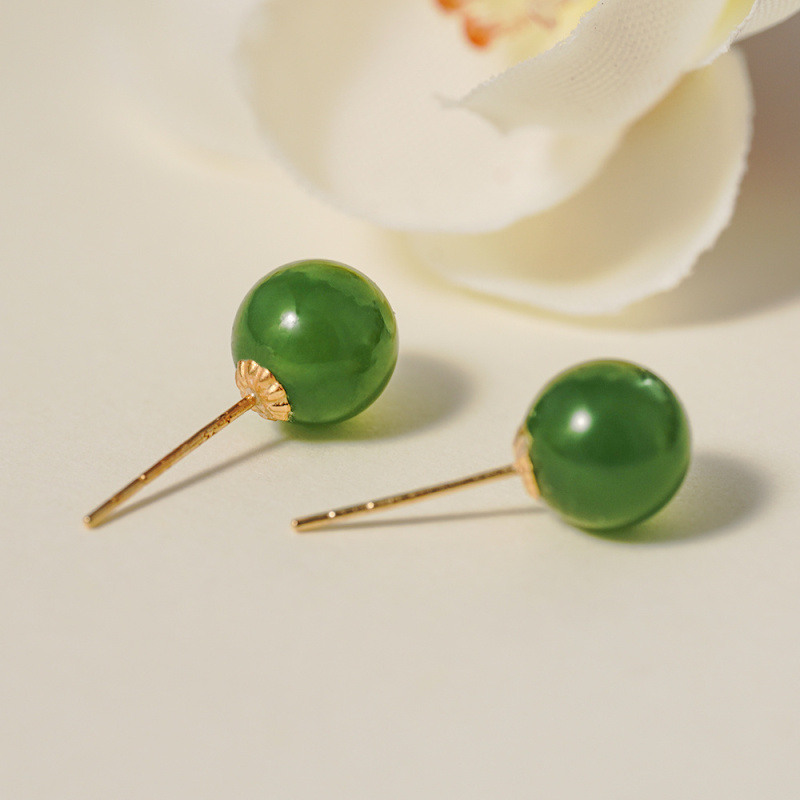 18K White Gold Green Jade Bead Stud Earrings-3