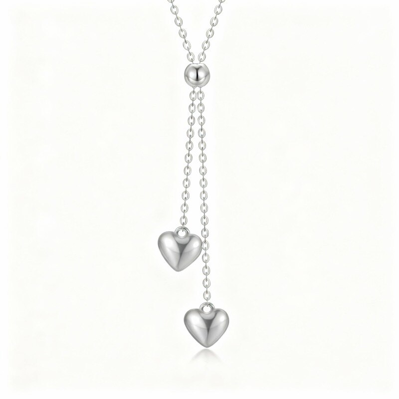 Colar em forma de coração com pendente em Y ajustável em ouro branco 18K-1