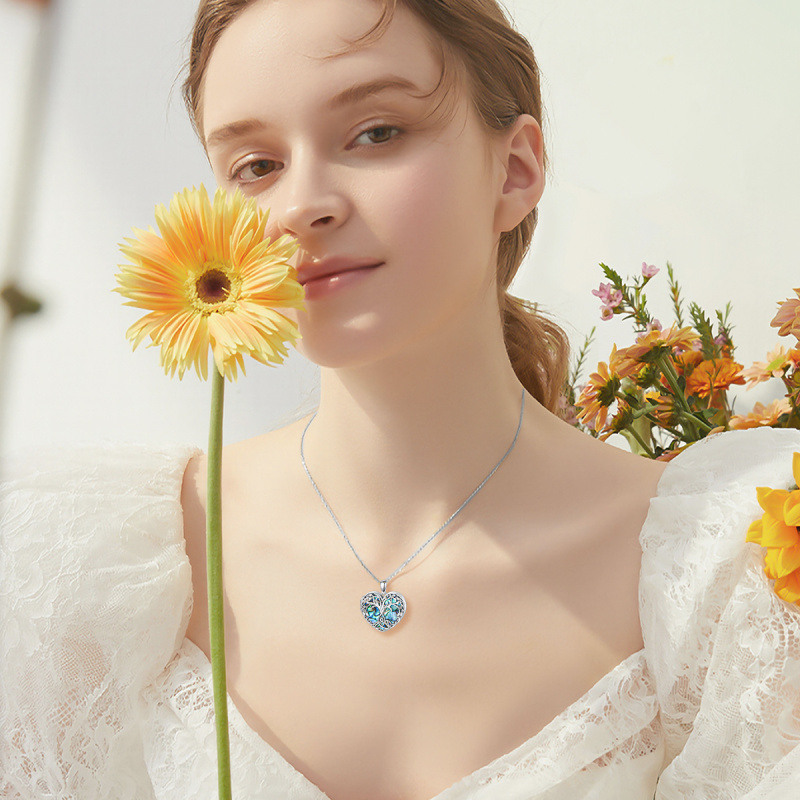 Collar con medallón fotográfico personalizado de plata esterlina con diseño de árbol de la vida, concha de abulón y corazón, para mujer.-2