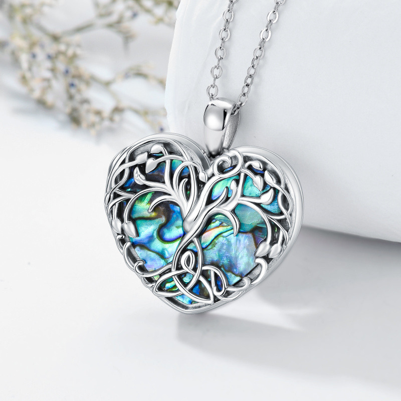 Collar con medallón fotográfico personalizado de plata esterlina con diseño de árbol de la vida, concha de abulón y corazón, para mujer.-3