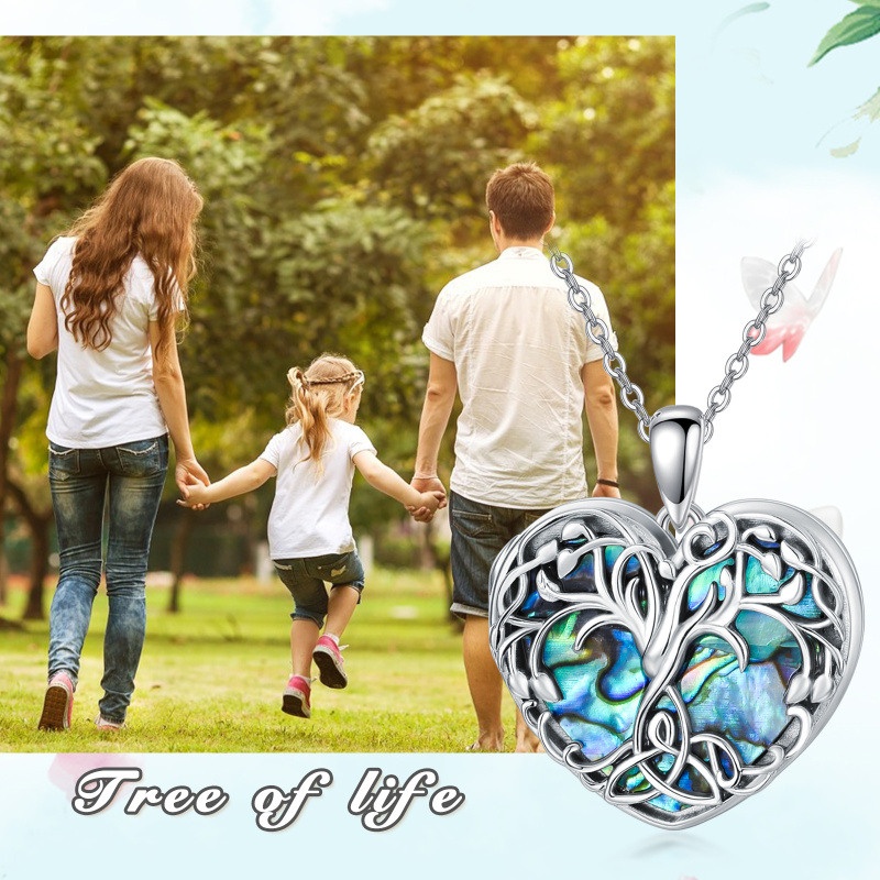 Collar con medallón fotográfico personalizado de plata esterlina con diseño de árbol de la vida, concha de abulón y corazón, para mujer.-6