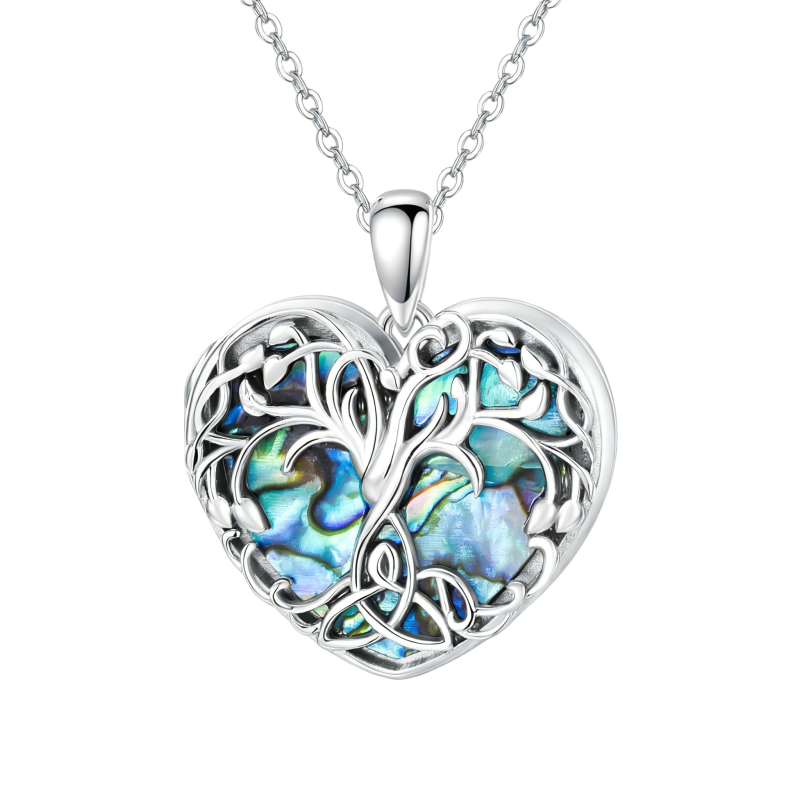Collar con medallón fotográfico personalizado de platino con incrustaciones de abulón tallado en forma de corazón y colgante de alabarda con forma de árbol de la vida y corazón, chapado en oro blanco y platino.-10