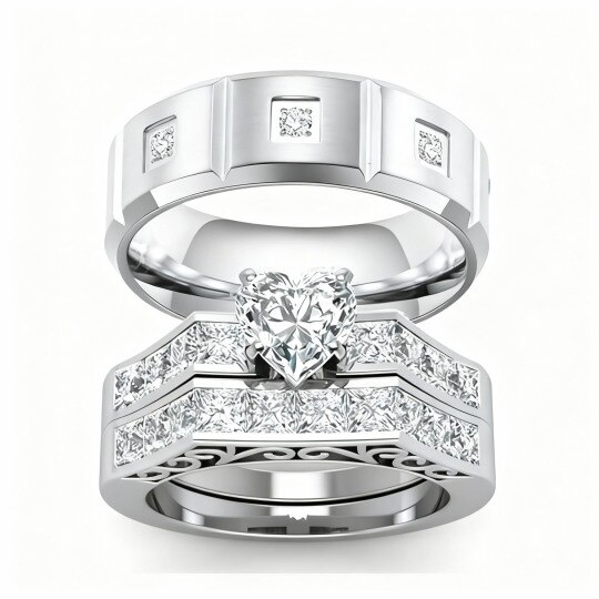 10K White Gold Heart Cut Couple Rings