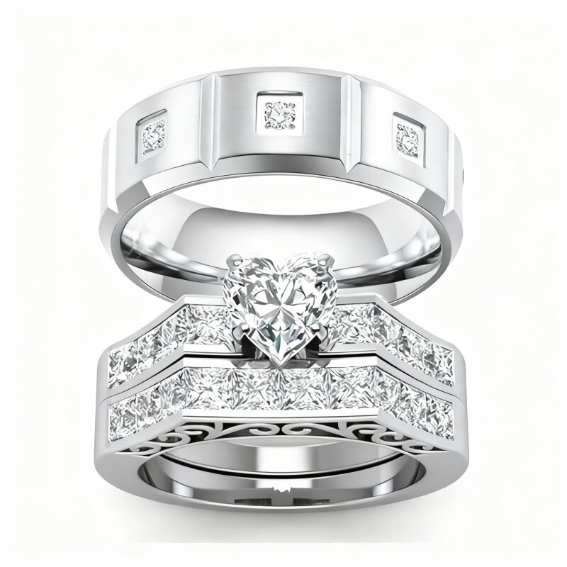 10K White Gold Heart Cut Couple Rings-10